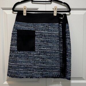 EUC Karl Lagerfeld Blue Tweed Boucle Wrap Mini Skirt, Black Pocket Adjustable sz